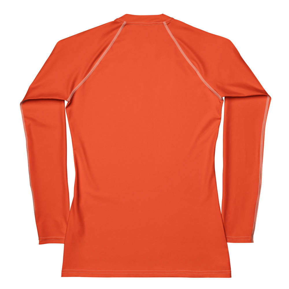 Women’s orange buttery soft long sleeve rash guard swim shirt with light gray seams and UPF 50 plus protection