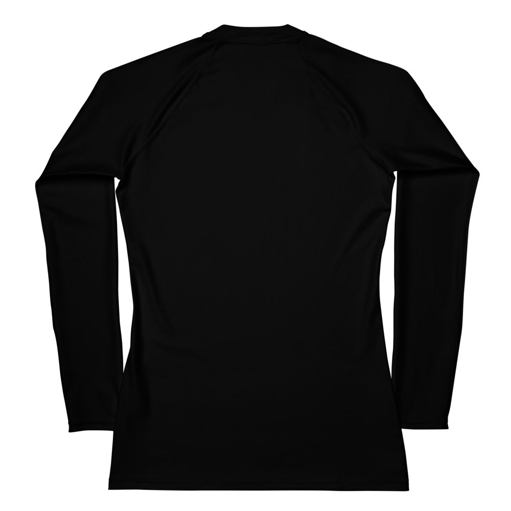 Women’s black buttery soft long sleeve rash guard swim shirt with fitted seamless design and upf 50 plus protection