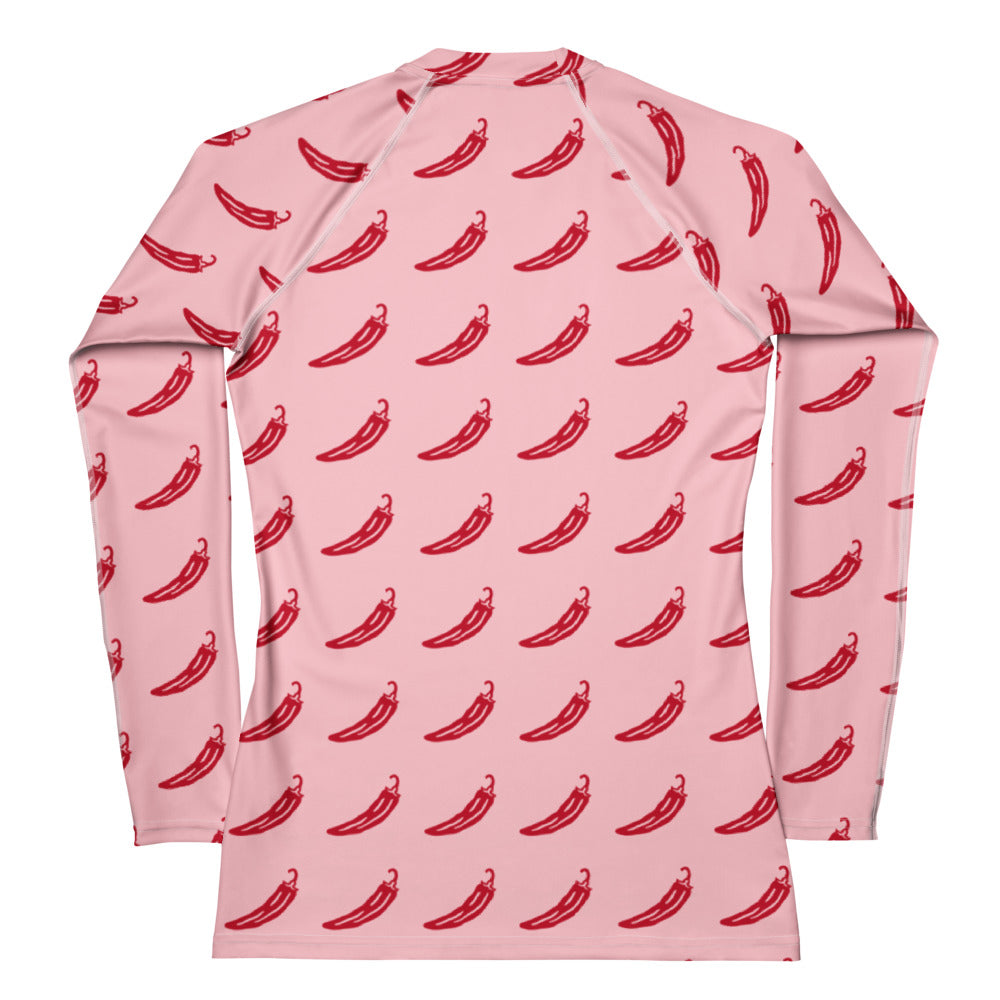 Women’s pink long sleeve rash guard with red chili pepper pattern buttery soft fabric and upf 50+ protection
