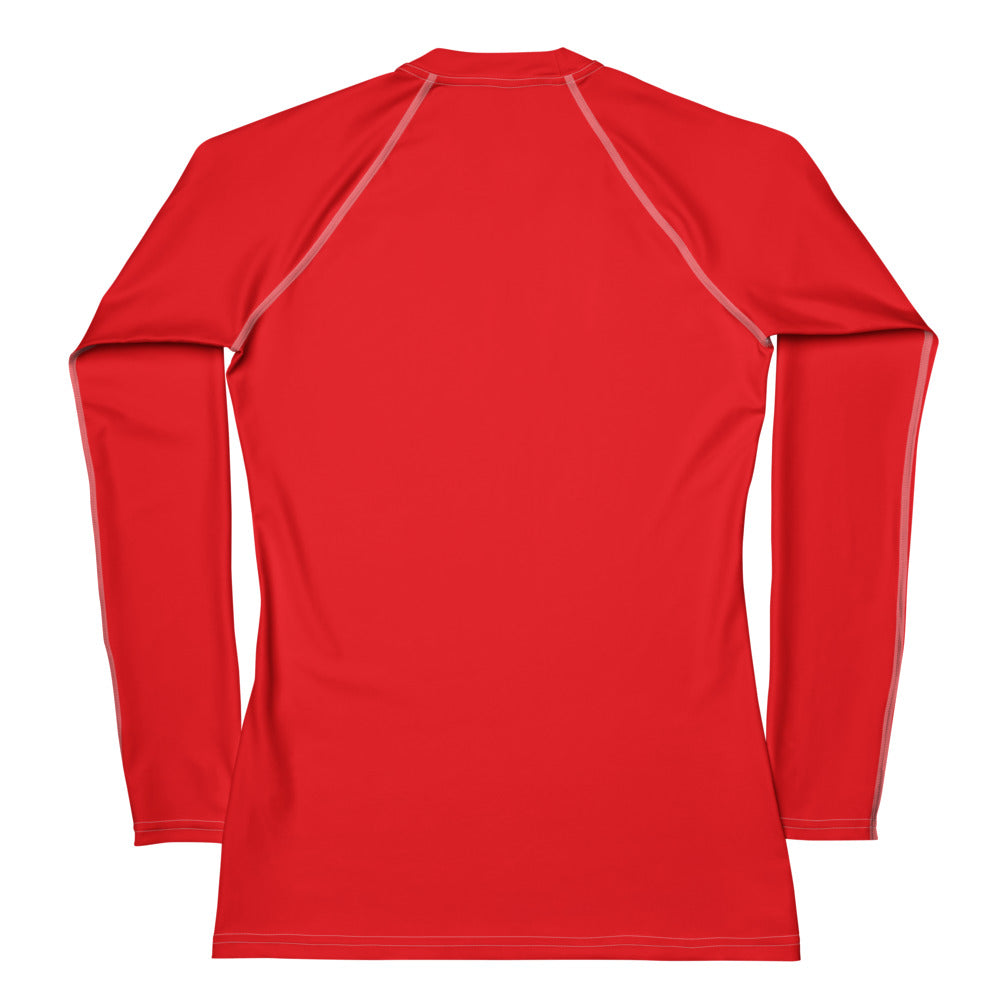Women’s red buttery soft long sleeve rash guard swim shirt with upf 50 plus and light gray seam detailing