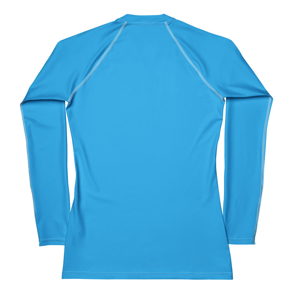 Women’s sky blue long sleeve buttery soft rash guard swim shirt with light gray seams and UPF 50 plus protection