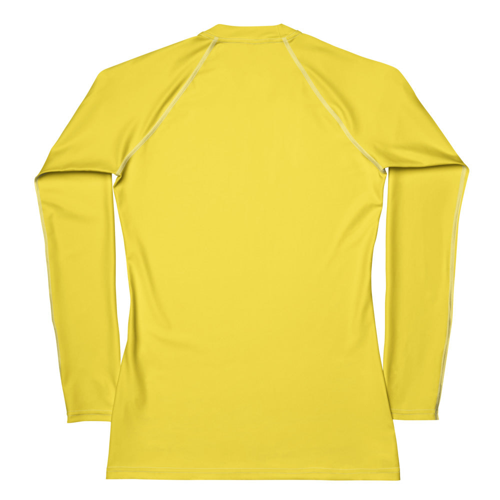 Women’s yellow buttery soft long sleeve rash guard swim shirt with light seam detailing and UPF 50 plus protection