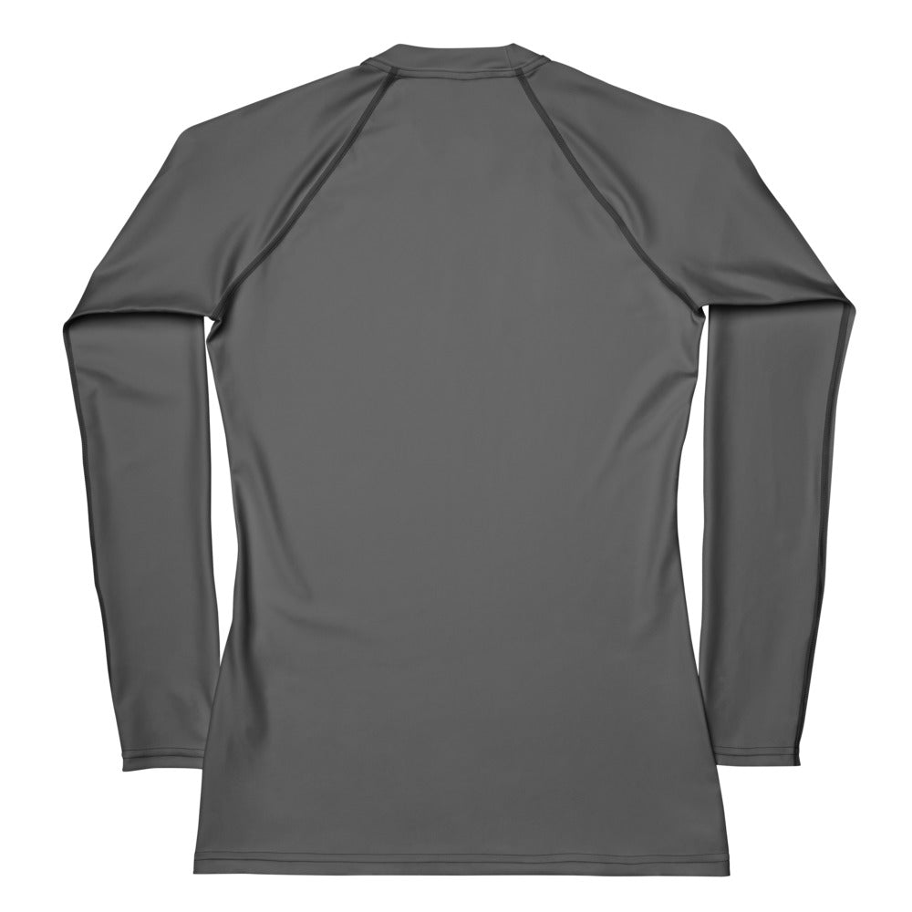 Women’s gray buttery soft long sleeve rash guard swim shirt with upf 50 plus and subtle shoulder seam detailing