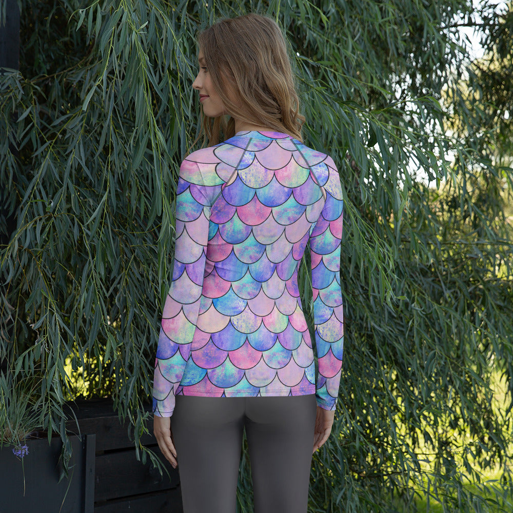 Women's Pastel Mermaid Long Sleeve Rash Guard Swim Shirt – Buttery Soft, Sun Safe UPF 50+ Protection, Quick Dry & 4-Way Stretch Comfort