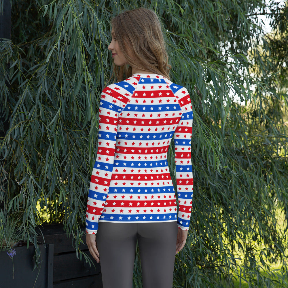 Women's Striped Red White and Blue Stars Long Sleeve Rash Guard Swim Shirt – Buttery Soft, Sun Safe UPF 50+ Protection, Quick Dry & 4-Way Stretch Comfort
