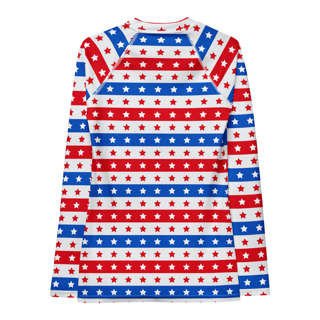 Women's Striped Red White and Blue Stars Long Sleeve Rash Guard Swim Shirt – Buttery Soft, Sun Safe UPF 50+ Protection, Quick Dry & 4-Way Stretch Comfort