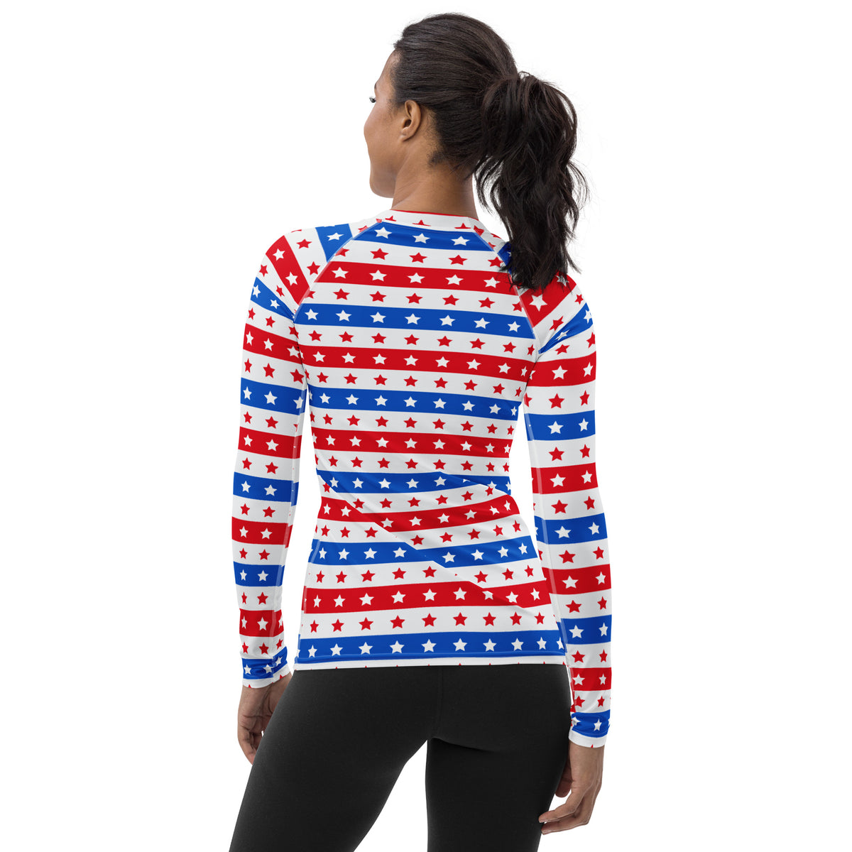 Women's Striped Red White and Blue Stars Long Sleeve Rash Guard Swim Shirt – Buttery Soft, Sun Safe UPF 50+ Protection, Quick Dry & 4-Way Stretch Comfort