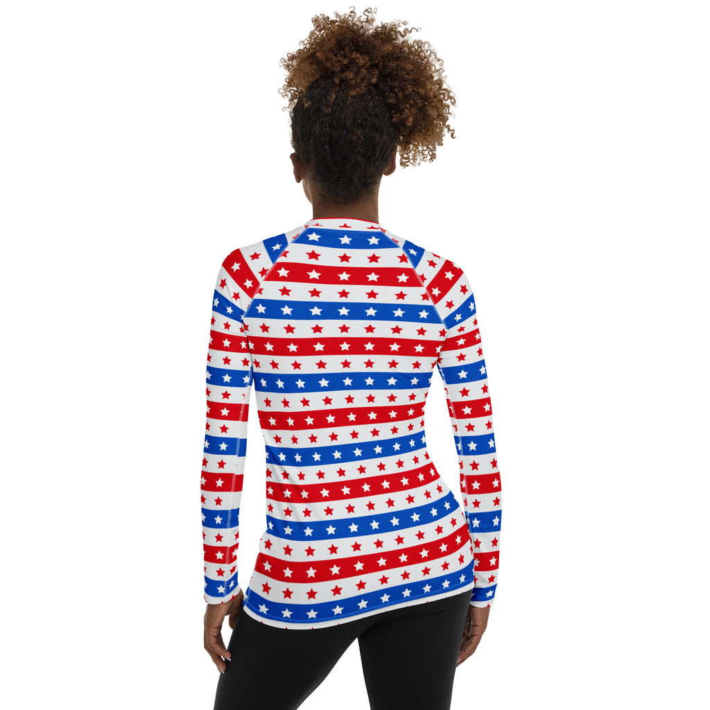 Women's Striped Red White and Blue Stars Long Sleeve Rash Guard Swim Shirt – Buttery Soft, Sun Safe UPF 50+ Protection, Quick Dry & 4-Way Stretch Comfort