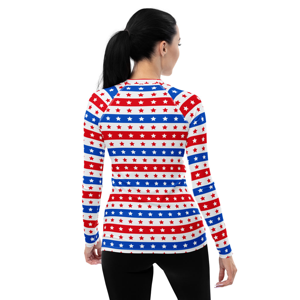 Women's Striped Red White and Blue Stars Long Sleeve Rash Guard Swim Shirt – Buttery Soft, Sun Safe UPF 50+ Protection, Quick Dry & 4-Way Stretch Comfort