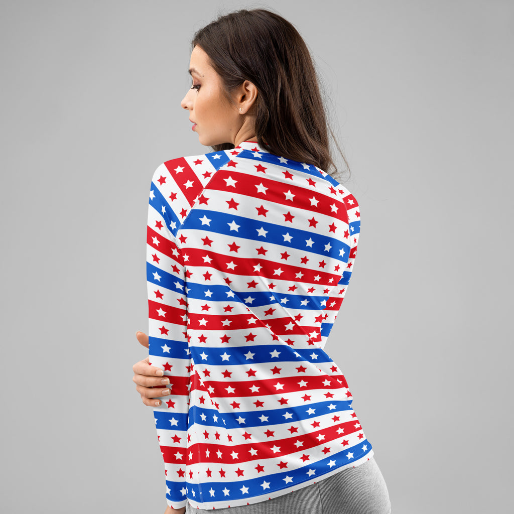 Women's Striped Red White and Blue Stars Long Sleeve Rash Guard Swim Shirt – Buttery Soft, Sun Safe UPF 50+ Protection, Quick Dry & 4-Way Stretch Comfort