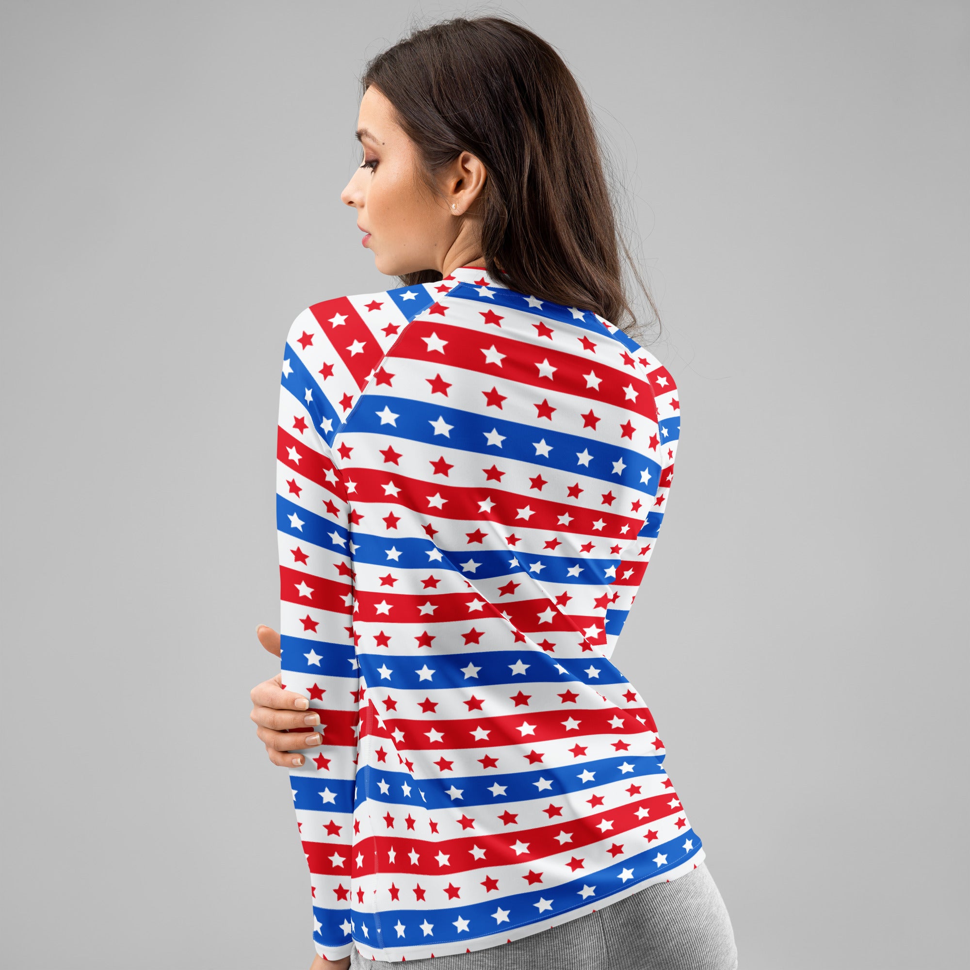 Women's Striped Red White and Blue Stars Long Sleeve Rash Guard Swim Shirt – Buttery Soft, Sun Safe UPF 50+ Protection, Quick Dry & 4-Way Stretch Comfort