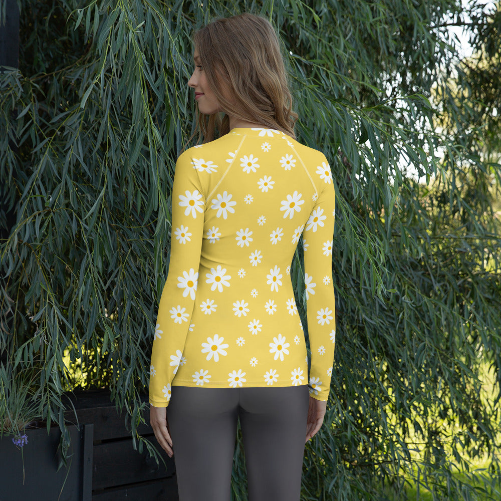 Women's Yellow Daisy Long Sleeve Rash Guard Swim Shirt – Buttery Soft, Sun Safe UPF 50+ Protection, Quick Dry & 4-Way Stretch Comfort