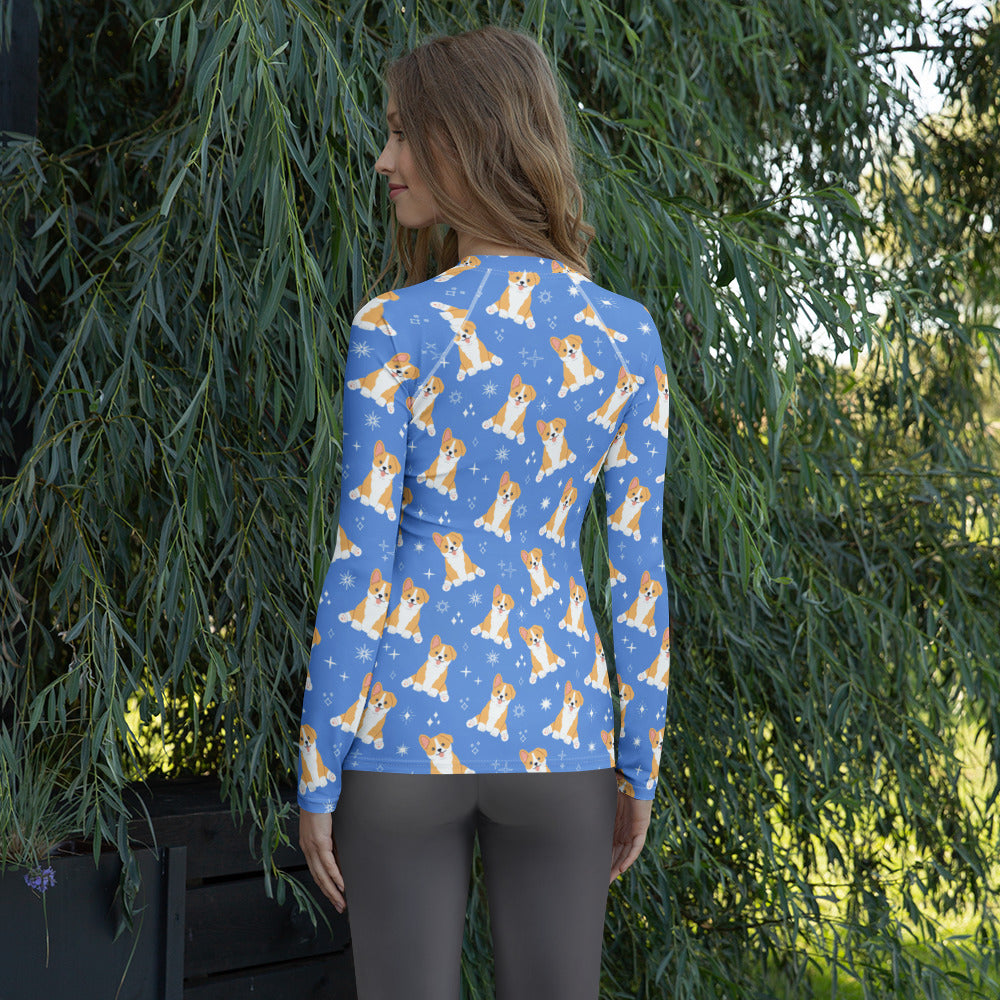Women's Blue Corgi Dog Long Sleeve Rash Guard Swim Shirt – Buttery Soft, Sun Safe UPF 50+ Protection, Quick Dry & 4-Way Stretch Comfort