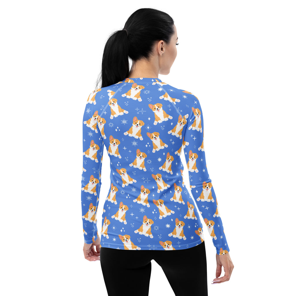 Women's Blue Corgi Dog Long Sleeve Rash Guard Swim Shirt – Buttery Soft, Sun Safe UPF 50+ Protection, Quick Dry & 4-Way Stretch Comfort