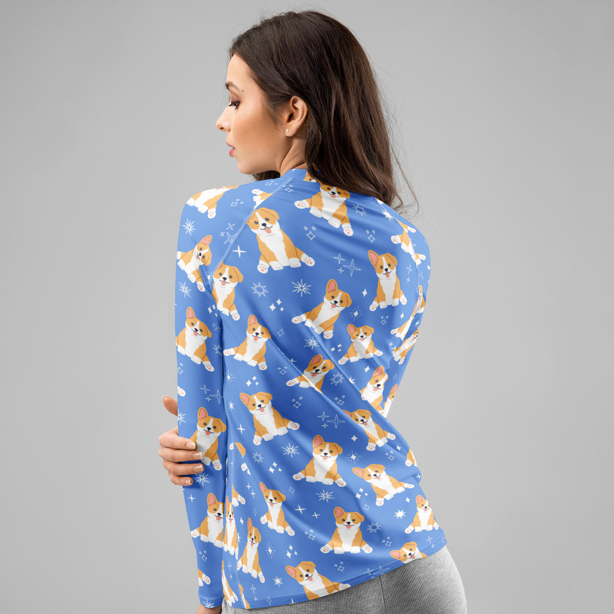 Women's Blue Corgi Dog Long Sleeve Rash Guard Swim Shirt – Buttery Soft, Sun Safe UPF 50+ Protection, Quick Dry & 4-Way Stretch Comfort