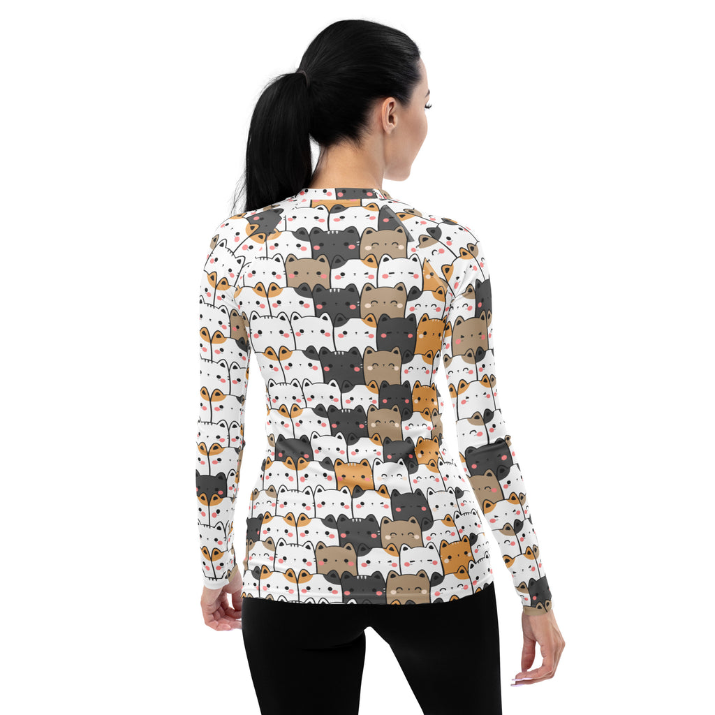 Women's Kawaii Cat Face Long Sleeve Rash Guard Swim Shirt – Buttery Soft, Sun Safe UPF 50+ Protection, Quick Dry & 4-Way Stretch Comfort