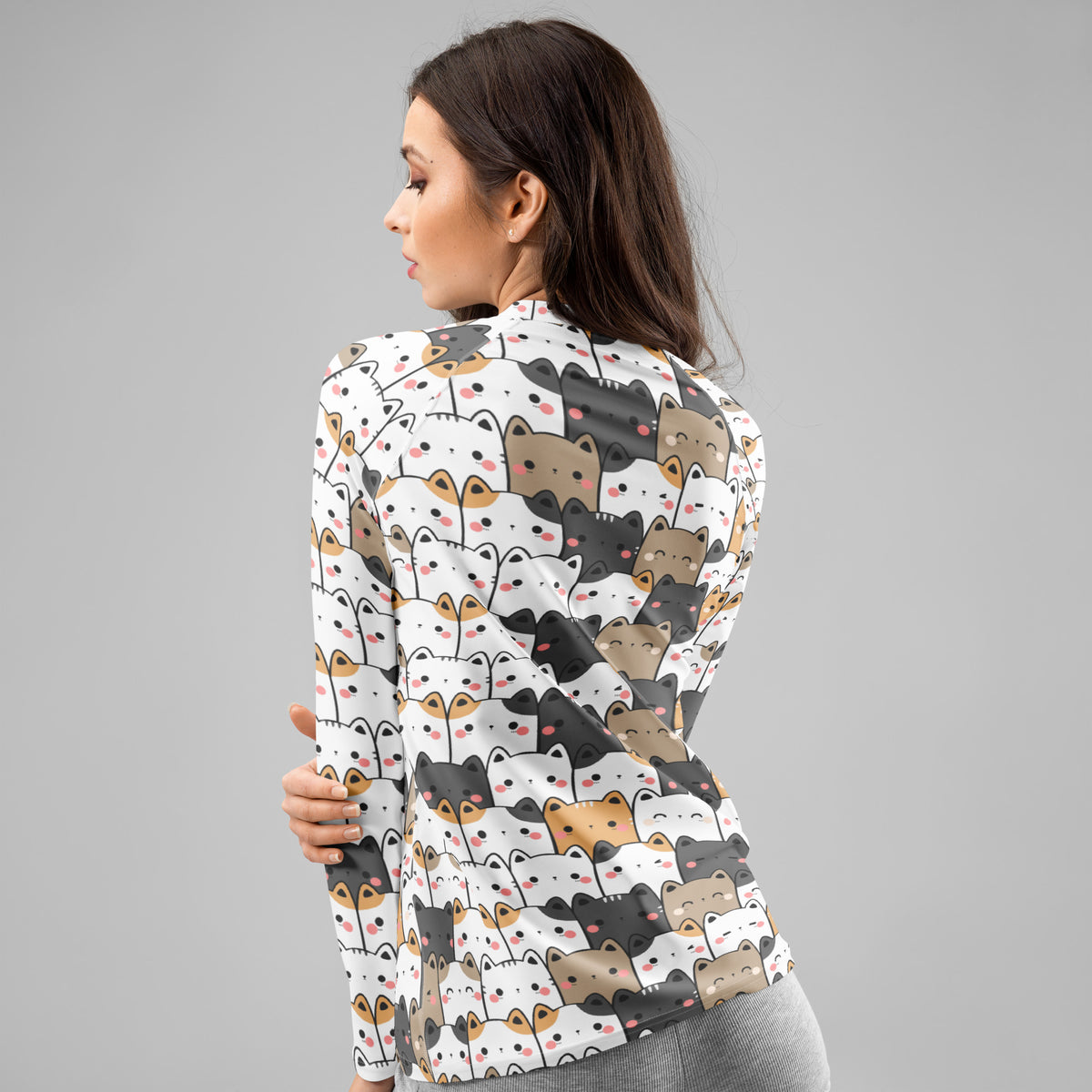 Women's Kawaii Cat Face Long Sleeve Rash Guard Swim Shirt – Buttery Soft, Sun Safe UPF 50+ Protection, Quick Dry & 4-Way Stretch Comfort
