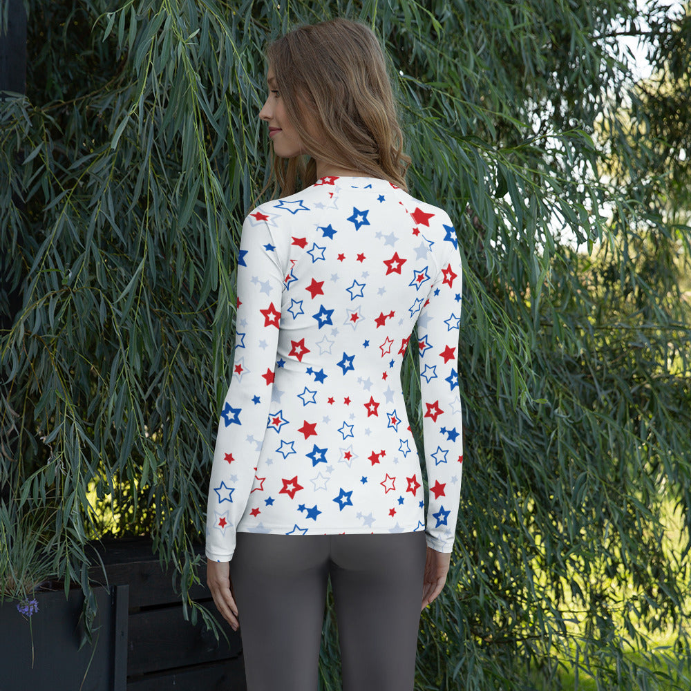 Women's Red White and Blue Stars Long Sleeve Rash Guard Swim Shirt – Buttery Soft, Sun Safe UPF 50+ Protection, Quick Dry & 4-Way Stretch Comfort