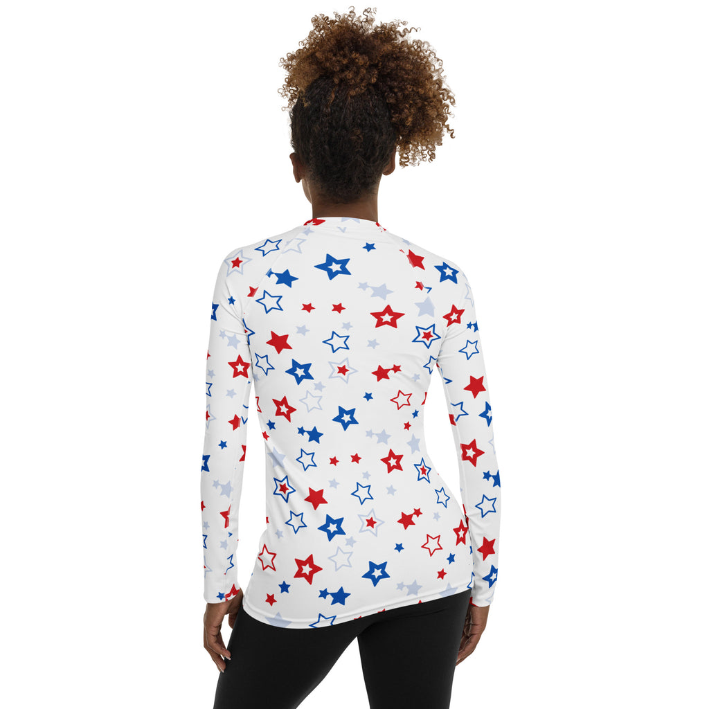 Women's Red White and Blue Stars Long Sleeve Rash Guard Swim Shirt – Buttery Soft, Sun Safe UPF 50+ Protection, Quick Dry & 4-Way Stretch Comfort
