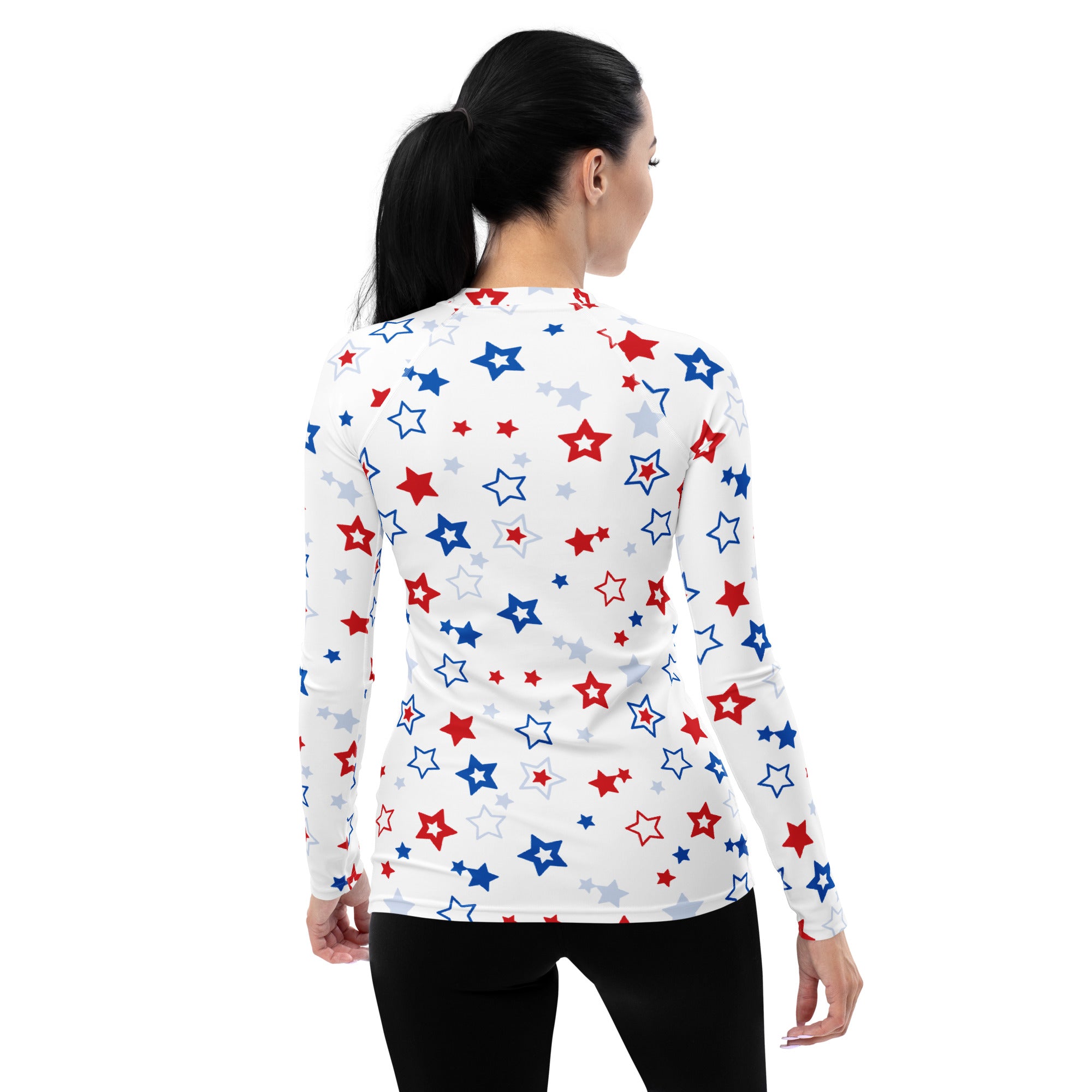 Women's Red White and Blue Stars Long Sleeve Rash Guard Swim Shirt – Buttery Soft, Sun Safe UPF 50+ Protection, Quick Dry & 4-Way Stretch Comfort