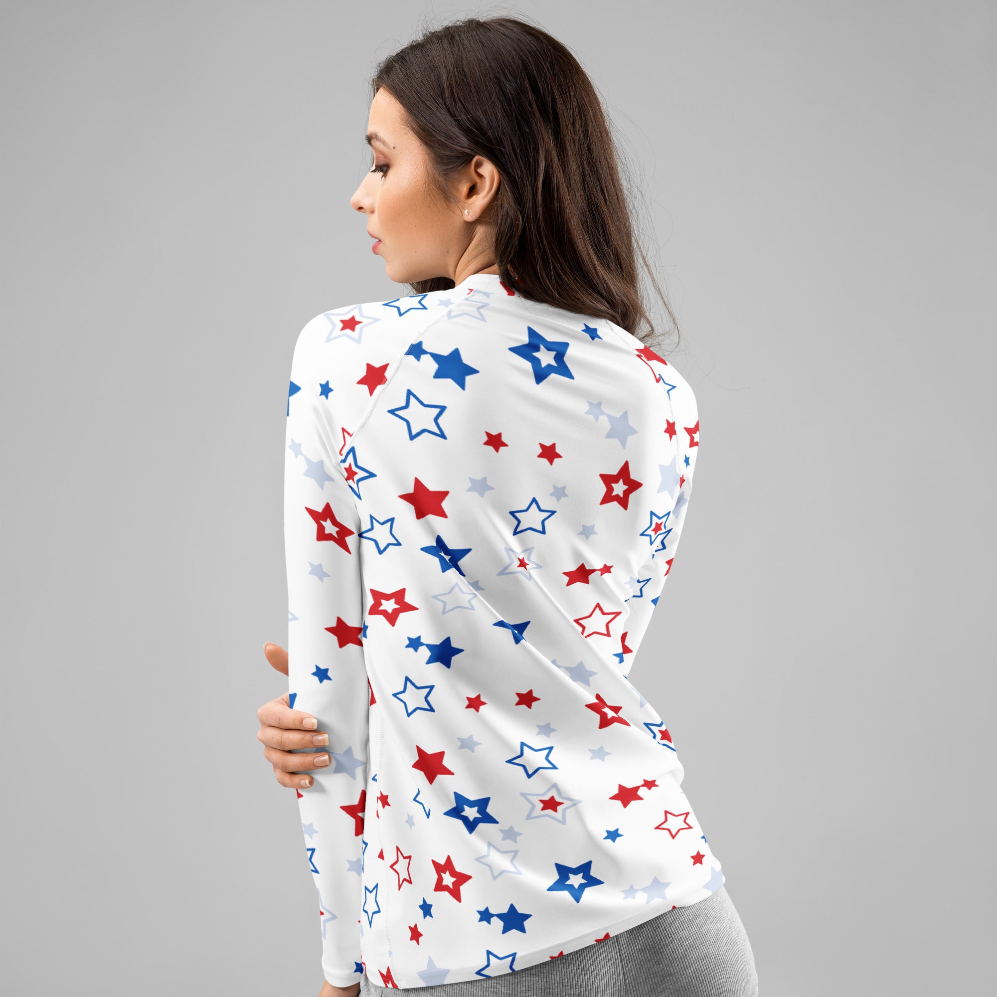 Women's Red White and Blue Stars Long Sleeve Rash Guard Swim Shirt – Buttery Soft, Sun Safe UPF 50+ Protection, Quick Dry & 4-Way Stretch Comfort