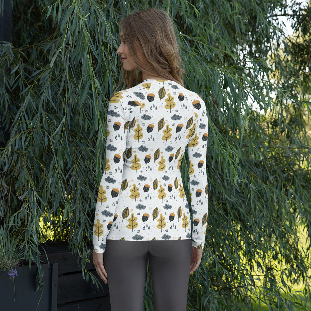 Women's Autumn Leaves and Acorns Long Sleeve Rash Guard Swim Shirt – Buttery Soft, Sun Safe UPF 50+ Protection, Quick Dry & 4-Way Stretch Comfort