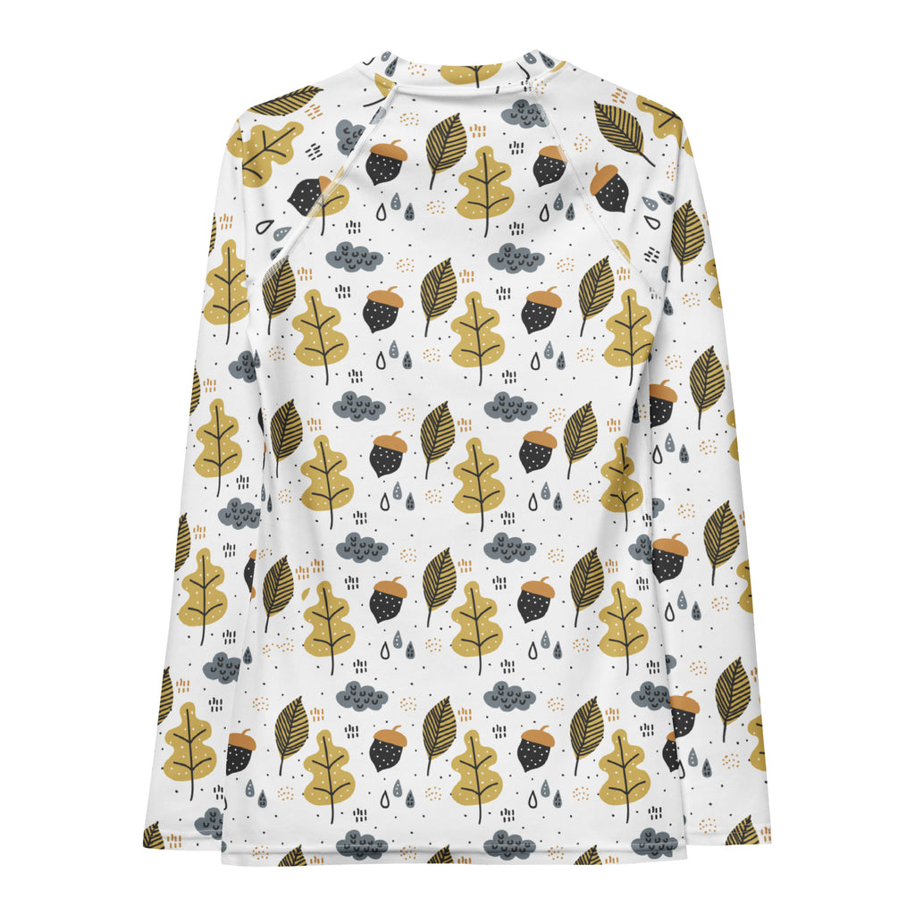 Women's Autumn Leaves and Acorns Long Sleeve Rash Guard Swim Shirt – Buttery Soft, Sun Safe UPF 50+ Protection, Quick Dry & 4-Way Stretch Comfort