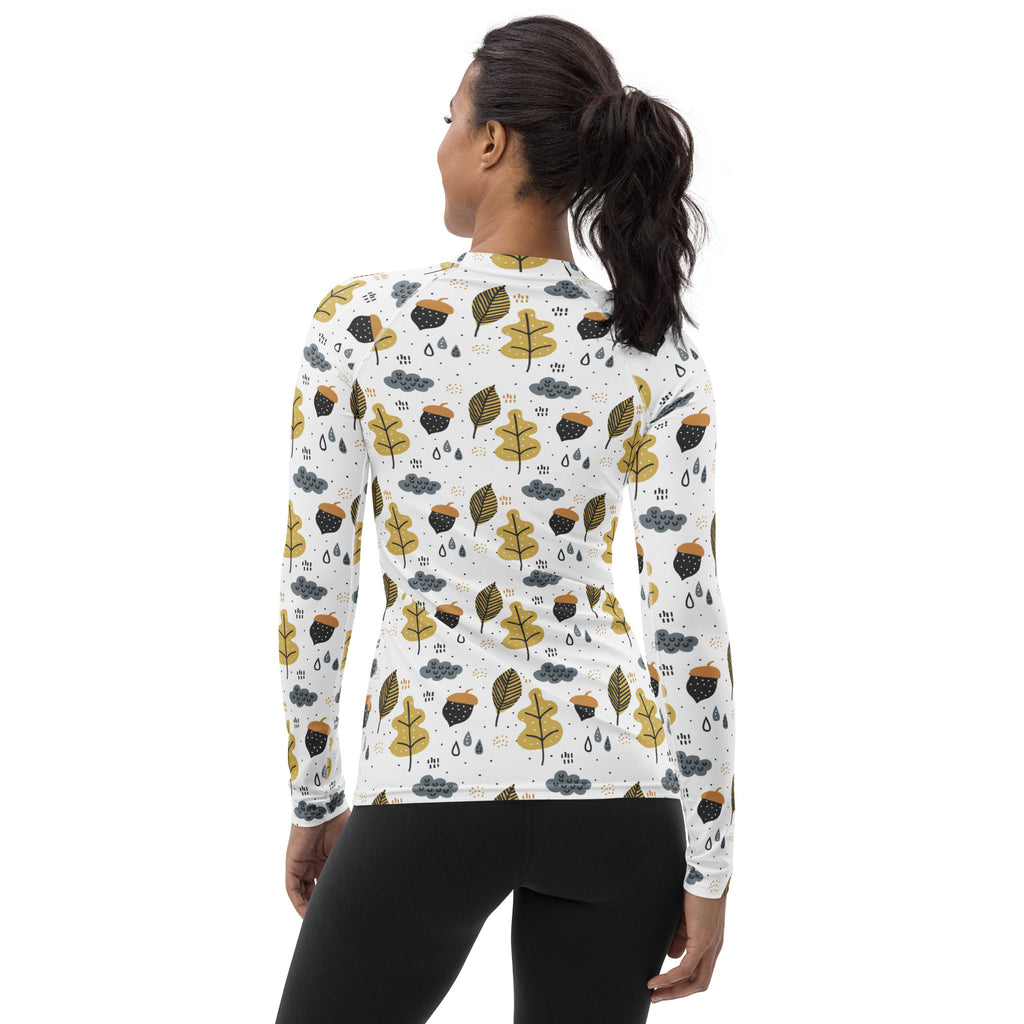 Women's Autumn Leaves and Acorns Long Sleeve Rash Guard Swim Shirt – Buttery Soft, Sun Safe UPF 50+ Protection, Quick Dry & 4-Way Stretch Comfort