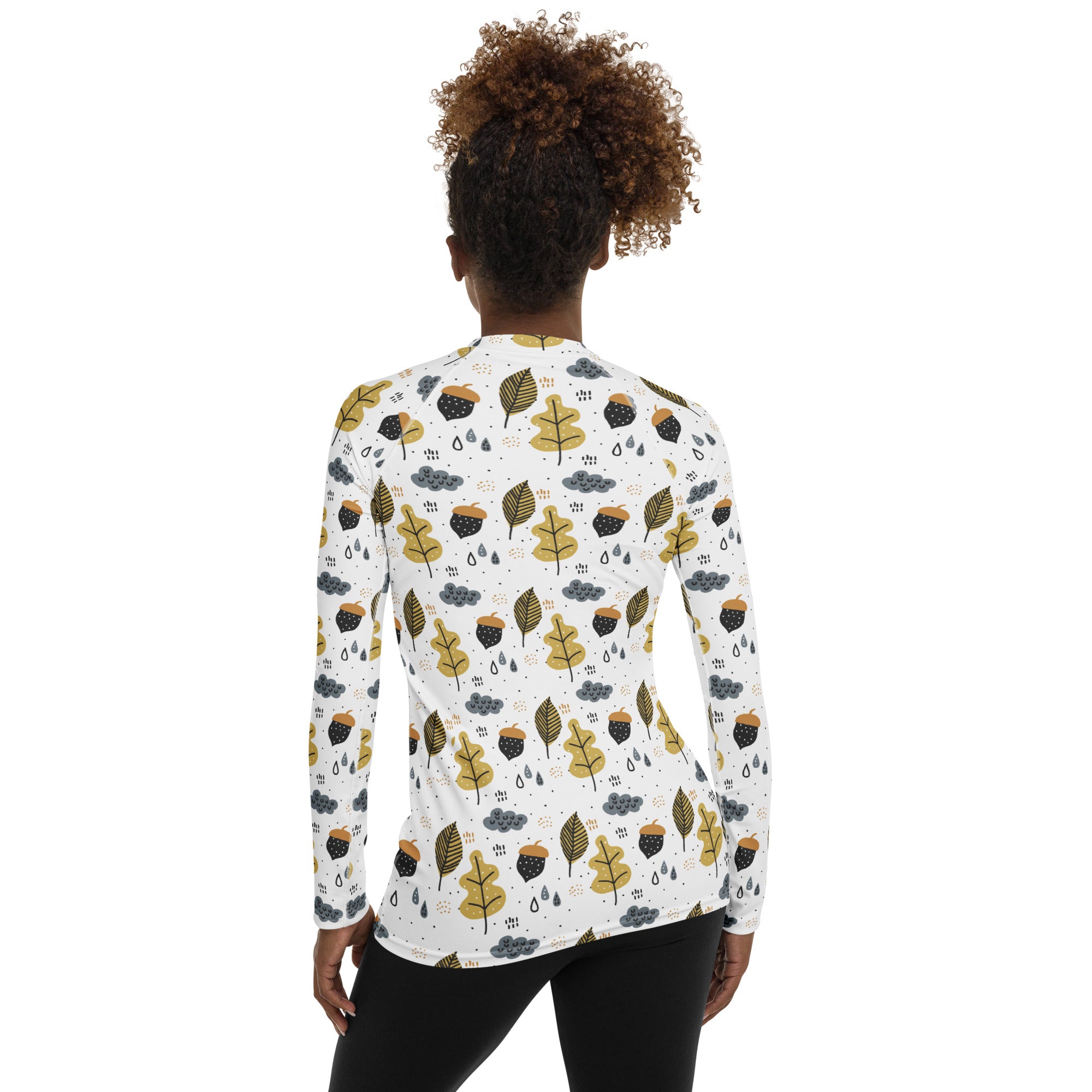 Women's Autumn Leaves and Acorns Long Sleeve Rash Guard Swim Shirt – Buttery Soft, Sun Safe UPF 50+ Protection, Quick Dry & 4-Way Stretch Comfort