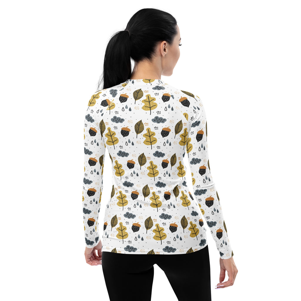 Women's Autumn Leaves and Acorns Long Sleeve Rash Guard Swim Shirt – Buttery Soft, Sun Safe UPF 50+ Protection, Quick Dry & 4-Way Stretch Comfort