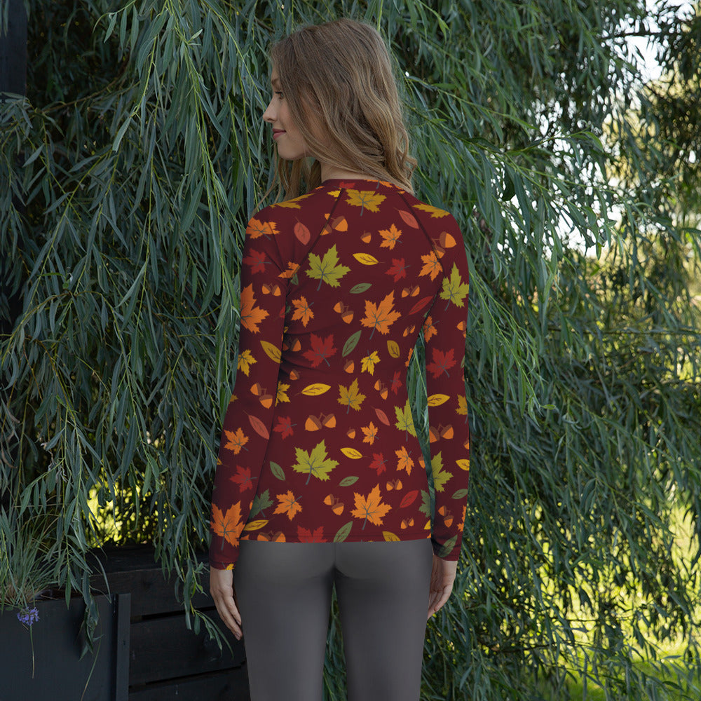 Women's Autumn Maple Leaves Long Sleeve Rash Guard Swim Shirt – Buttery Soft, Sun Safe UPF 50+ Protection, Quick Dry & 4-Way Stretch Comfort