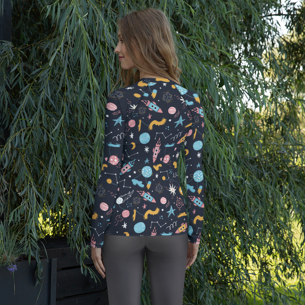 Women's Outer Space Long Sleeve Rash Guard Swim Shirt – Buttery Soft, Sun Safe UPF 50+ Protection, Quick Dry & 4-Way Stretch Comfort