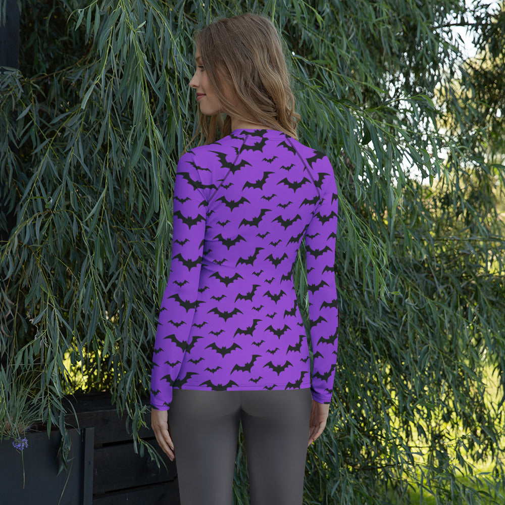 Women's Purple Bat Halloween Long Sleeve Rash Guard Swim Shirt – Buttery Soft, Sun Safe UPF 50+ Protection, Quick Dry & 4-Way Stretch Comfort