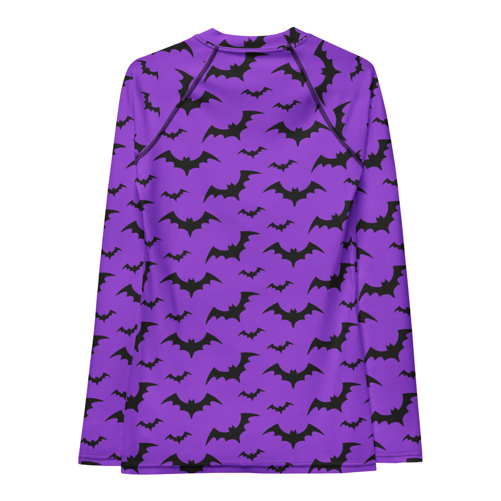 Women's Purple Bat Halloween Long Sleeve Rash Guard Swim Shirt – Buttery Soft, Sun Safe UPF 50+ Protection, Quick Dry & 4-Way Stretch Comfort