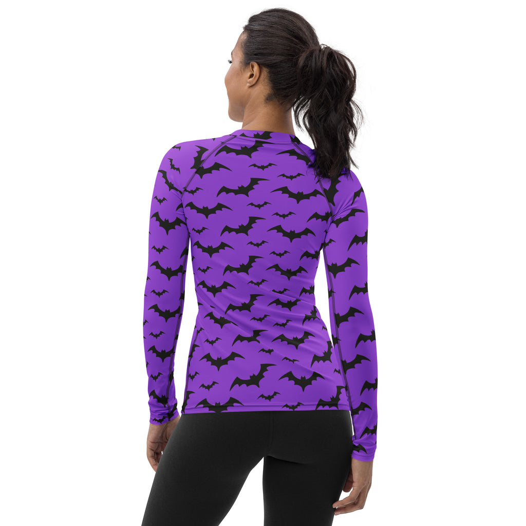 Women's Purple Bat Halloween Long Sleeve Rash Guard Swim Shirt – Buttery Soft, Sun Safe UPF 50+ Protection, Quick Dry & 4-Way Stretch Comfort