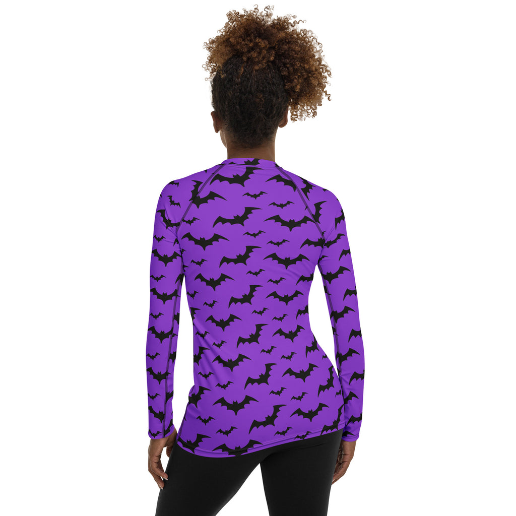 Women's Purple Bat Halloween Long Sleeve Rash Guard Swim Shirt – Buttery Soft, Sun Safe UPF 50+ Protection, Quick Dry & 4-Way Stretch Comfort