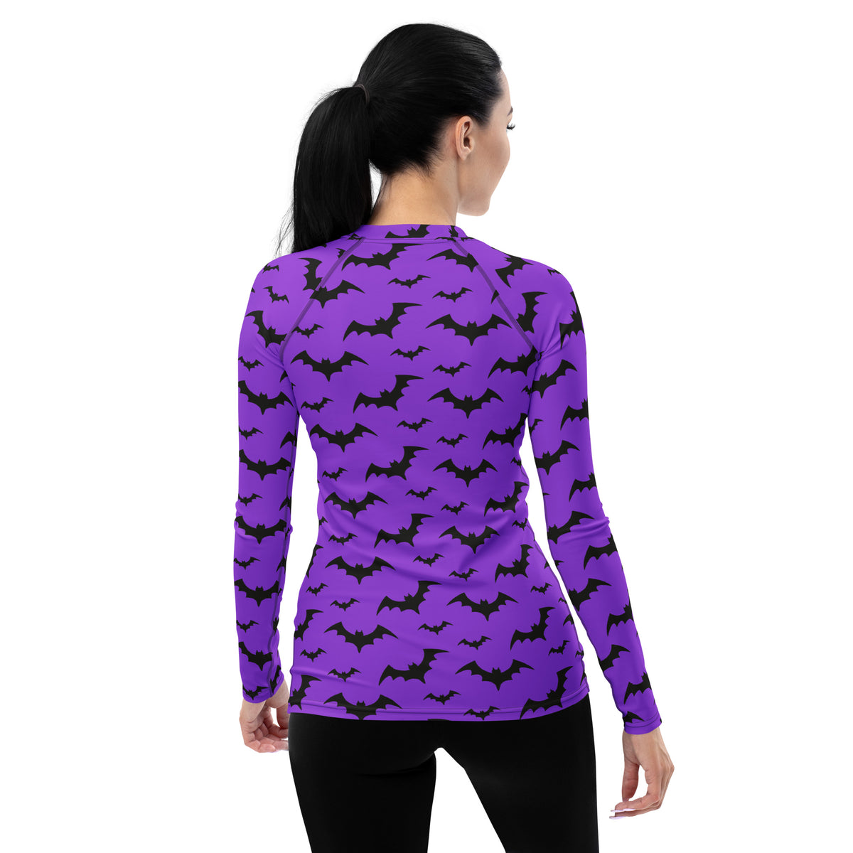Women's Purple Bat Halloween Long Sleeve Rash Guard Swim Shirt – Buttery Soft, Sun Safe UPF 50+ Protection, Quick Dry & 4-Way Stretch Comfort