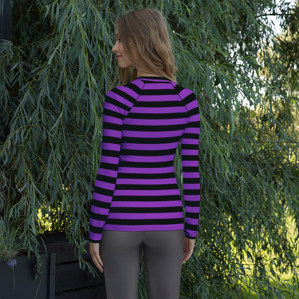 Women's Purple and Black Striped Halloween Long Sleeve Rash Guard Swim Shirt – Buttery Soft, Sun Safe UPF 50+ Protection, Quick Dry & 4-Way Stretch Comfort