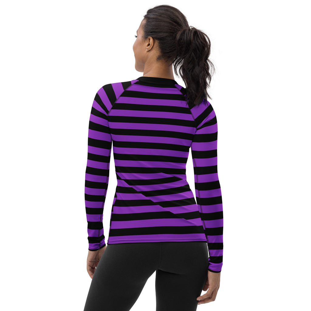 Women's Purple and Black Striped Halloween Long Sleeve Rash Guard Swim Shirt – Buttery Soft, Sun Safe UPF 50+ Protection, Quick Dry & 4-Way Stretch Comfort