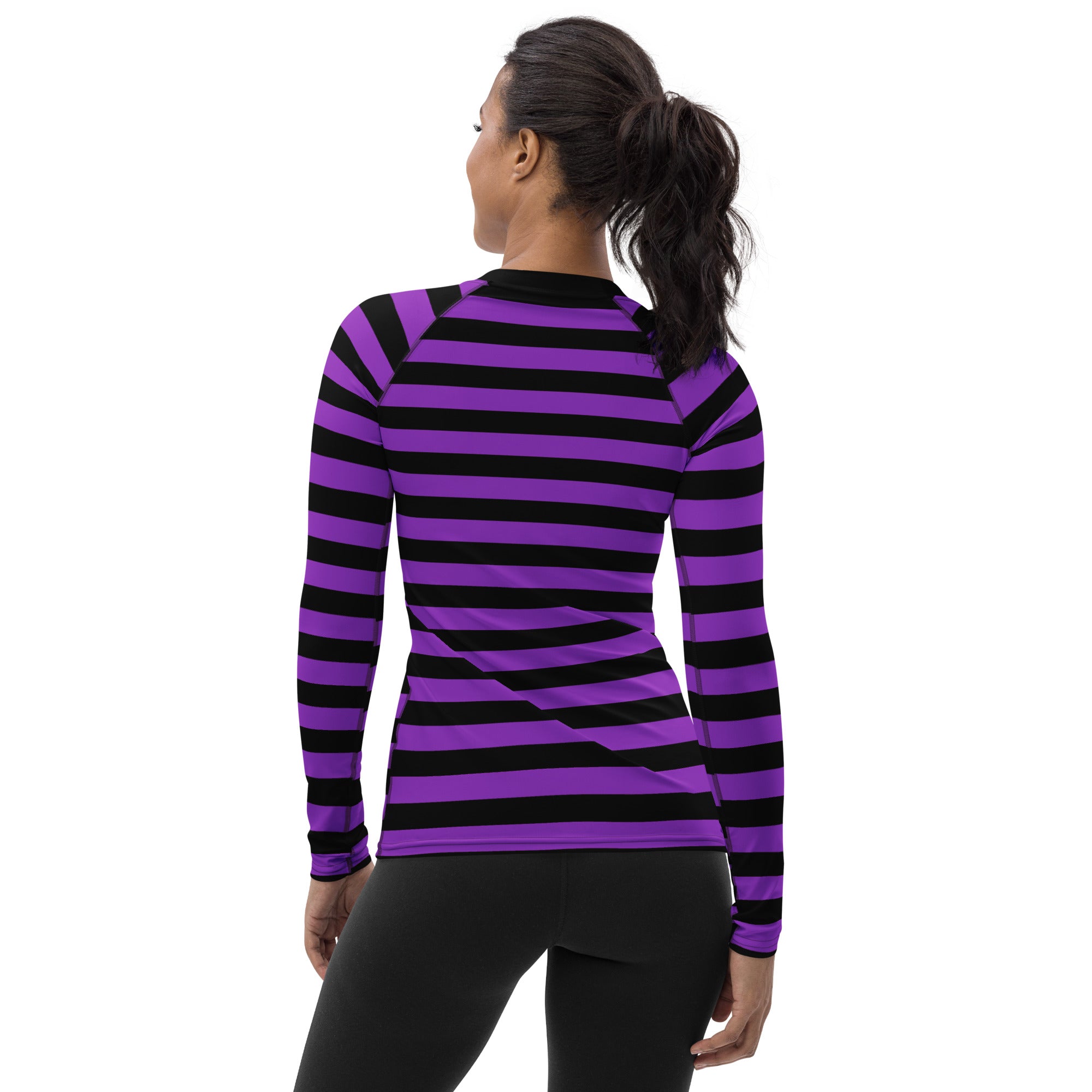 Women's Purple and Black Striped Halloween Long Sleeve Rash Guard Swim Shirt – Buttery Soft, Sun Safe UPF 50+ Protection, Quick Dry & 4-Way Stretch Comfort