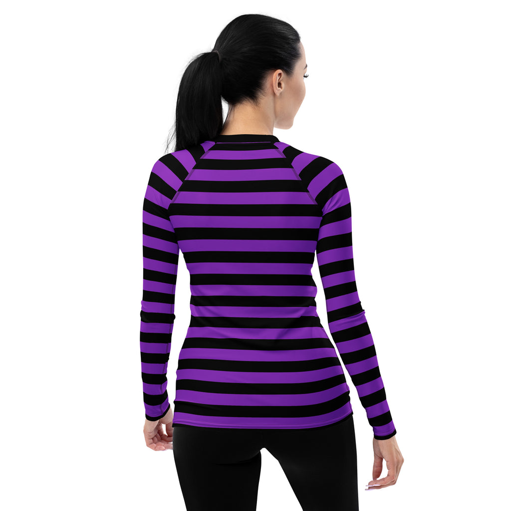 Women's Purple and Black Striped Halloween Long Sleeve Rash Guard Swim Shirt – Buttery Soft, Sun Safe UPF 50+ Protection, Quick Dry & 4-Way Stretch Comfort