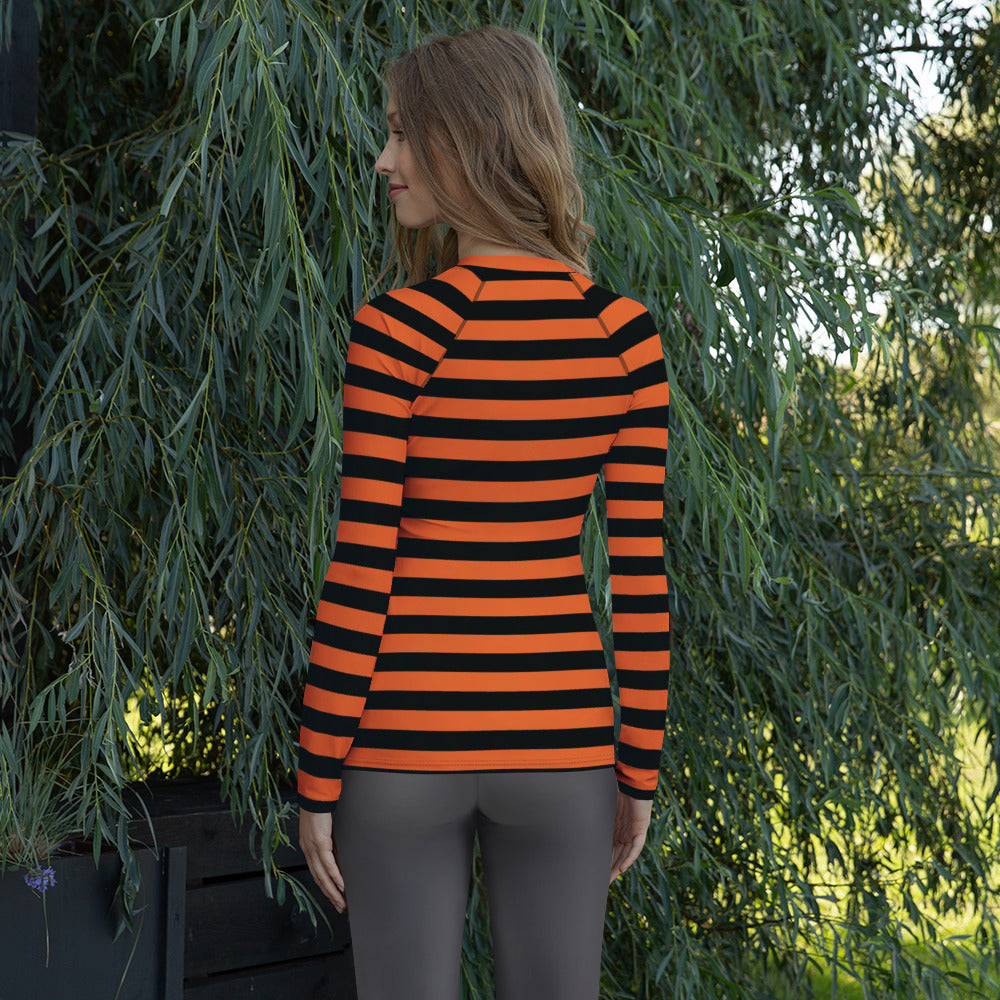 Women's Orange and Black Striped Halloween Long Sleeve Rash Guard Swim Shirt – Buttery Soft, Sun Safe UPF 50+ Protection, Quick Dry & 4-Way Stretch Comfort