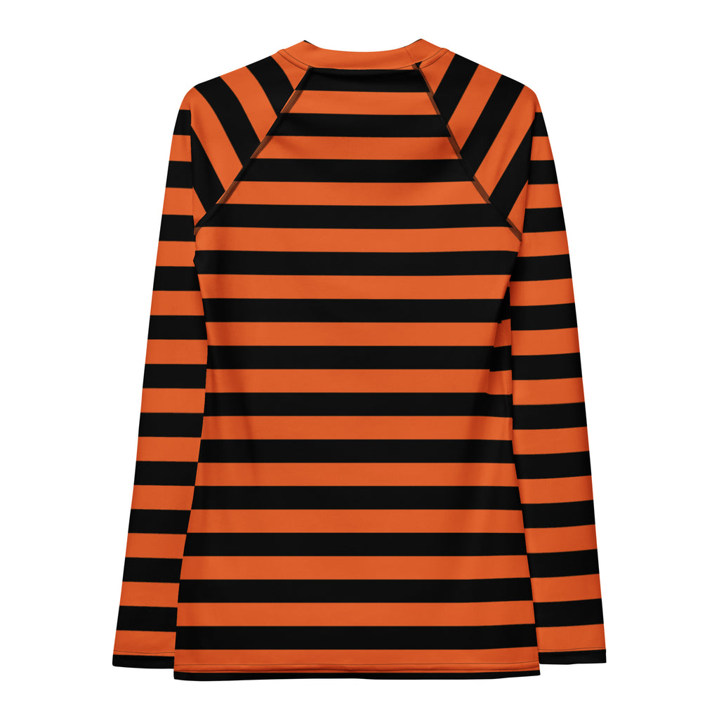 Women's Orange and Black Striped Halloween Long Sleeve Rash Guard Swim Shirt – Buttery Soft, Sun Safe UPF 50+ Protection, Quick Dry & 4-Way Stretch Comfort