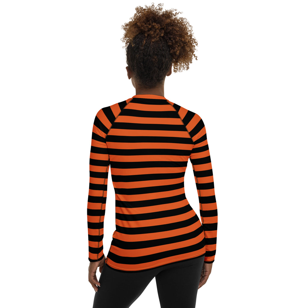 Women's Orange and Black Striped Halloween Long Sleeve Rash Guard Swim Shirt – Buttery Soft, Sun Safe UPF 50+ Protection, Quick Dry & 4-Way Stretch Comfort