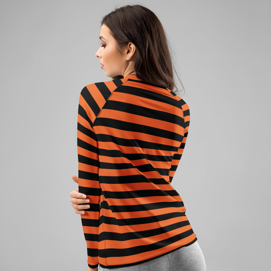 Women's Orange and Black Striped Halloween Long Sleeve Rash Guard Swim Shirt – Buttery Soft, Sun Safe UPF 50+ Protection, Quick Dry & 4-Way Stretch Comfort