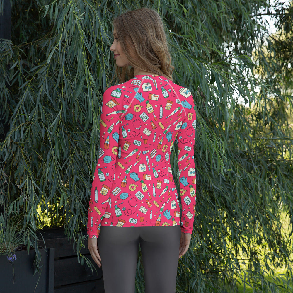 Women's Pink Nurse Themed Long Sleeve Rash Guard Swim Shirt – Buttery Soft, Sun Safe UPF 50+ Protection, Quick Dry & 4-Way Stretch Comfort