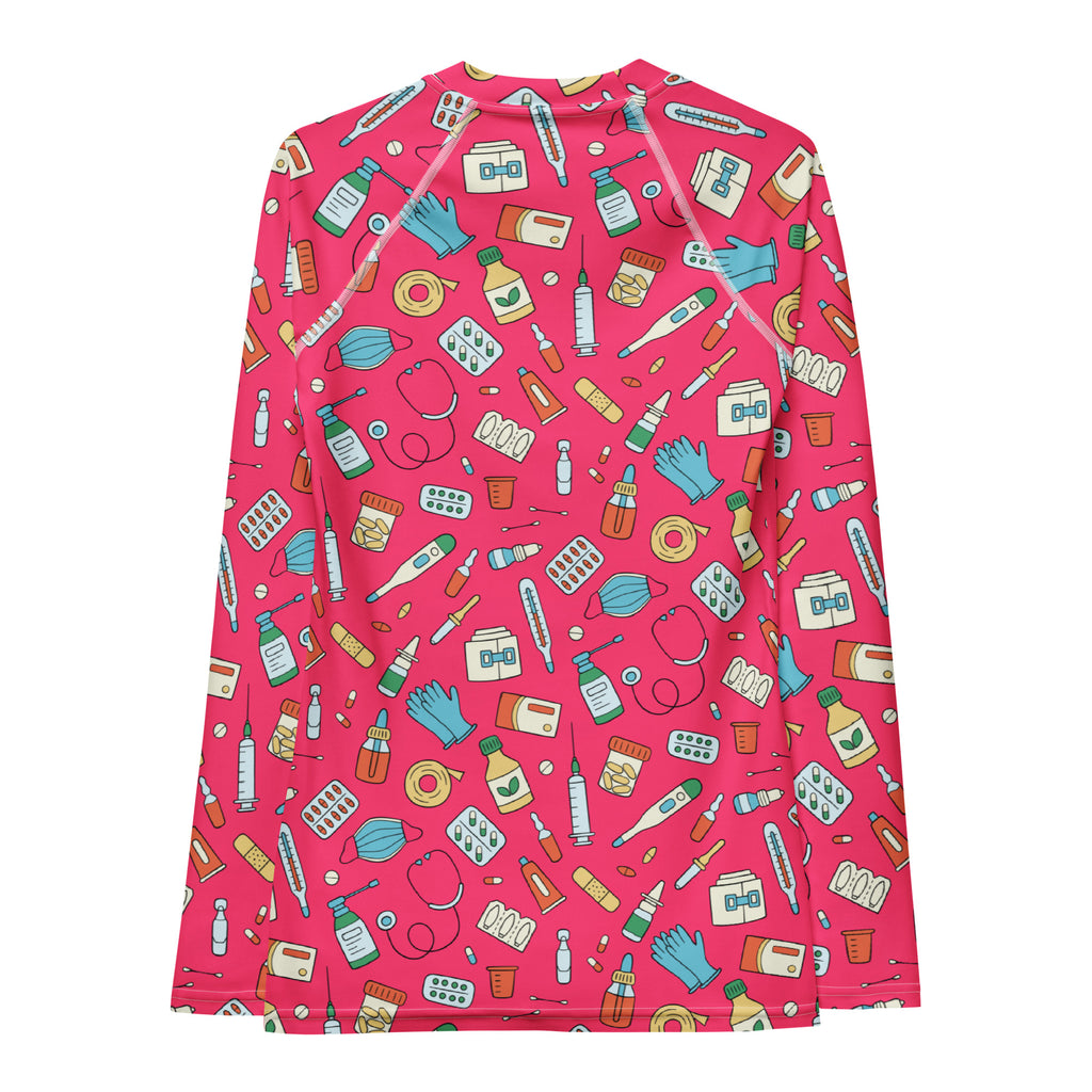 Women's Pink Nurse Themed Long Sleeve Rash Guard Swim Shirt – Buttery Soft, Sun Safe UPF 50+ Protection, Quick Dry & 4-Way Stretch Comfort