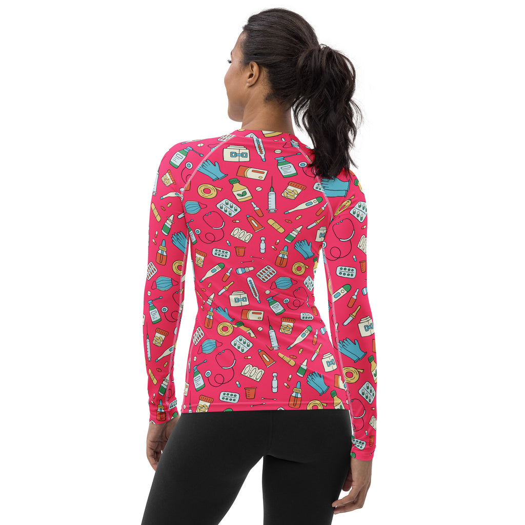 Women's Pink Nurse Themed Long Sleeve Rash Guard Swim Shirt – Buttery Soft, Sun Safe UPF 50+ Protection, Quick Dry & 4-Way Stretch Comfort
