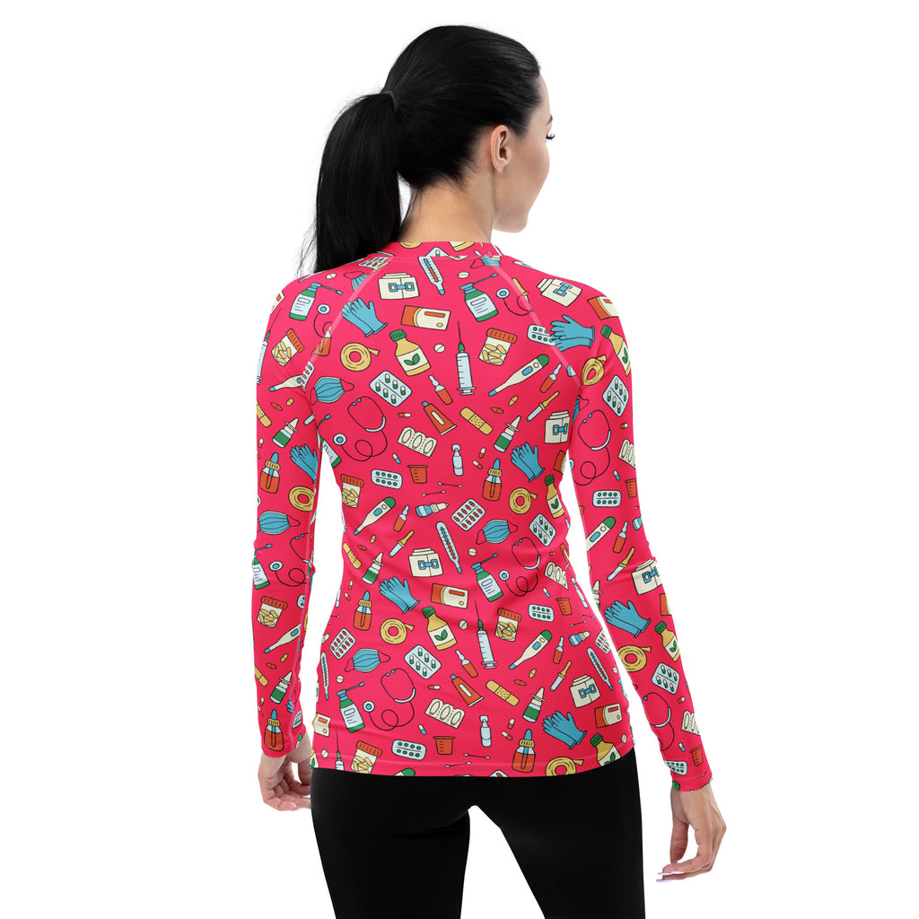 Women's Pink Nurse Themed Long Sleeve Rash Guard Swim Shirt – Buttery Soft, Sun Safe UPF 50+ Protection, Quick Dry & 4-Way Stretch Comfort