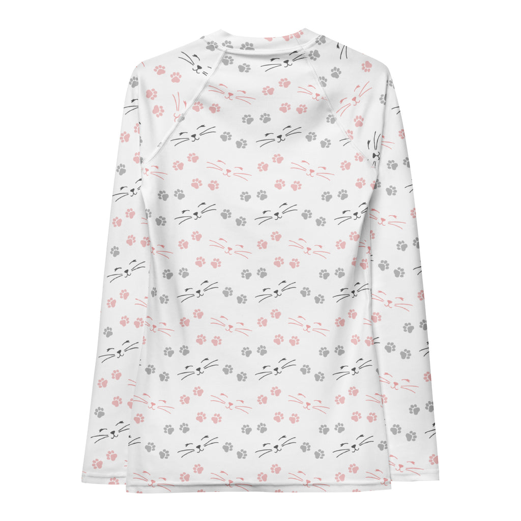 Women's Cat Face and Paw Print Long Sleeve Rash Guard Swim Shirt – Buttery Soft, Sun Safe UPF 50+ Protection, Quick Dry & 4-Way Stretch Comfort
